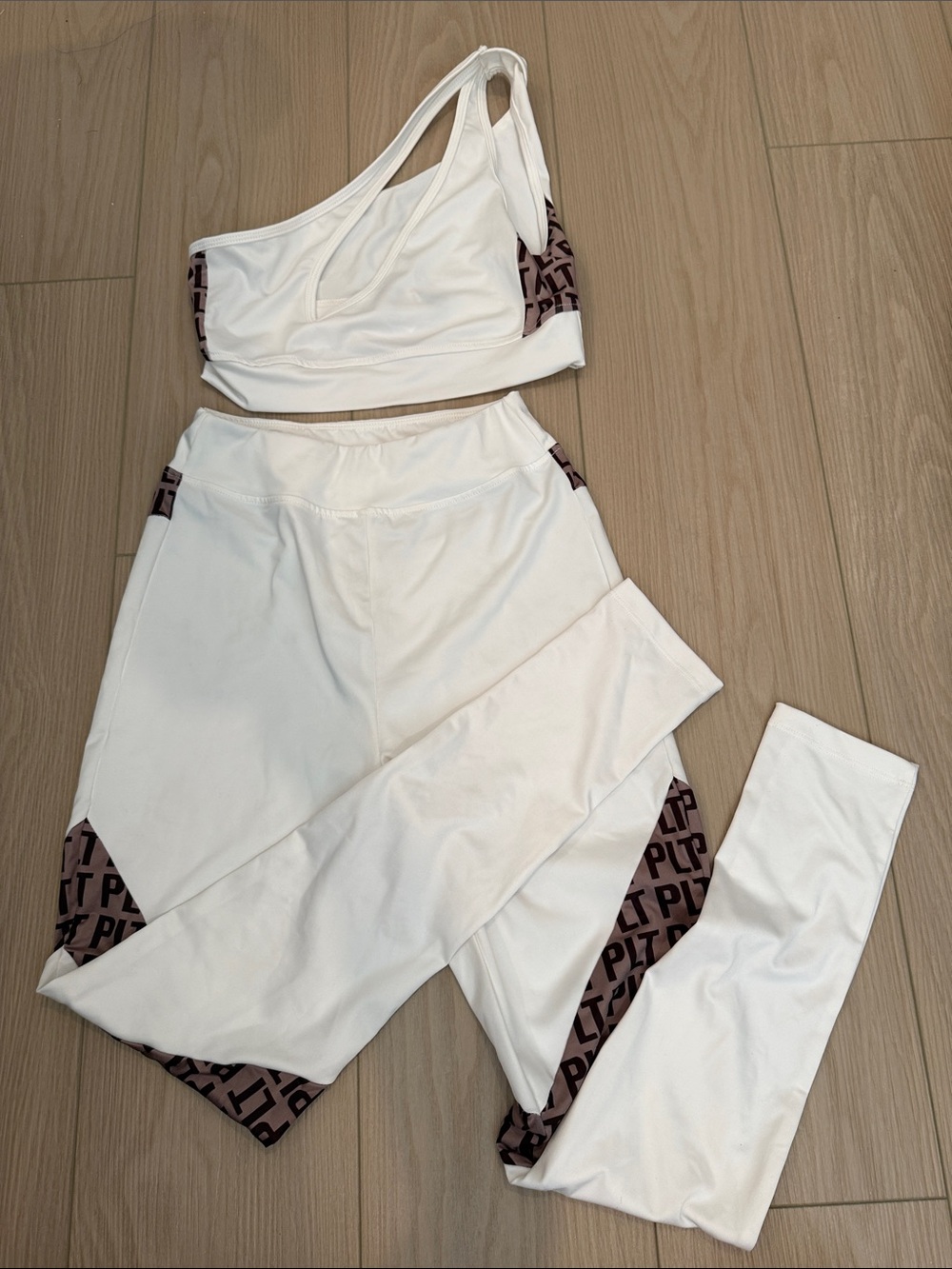PrettyLittleThing White Active Two-Piece with Brown Logo Trim